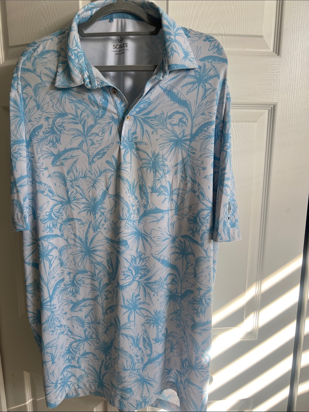 SCALES Light Blue Tropical-Print Short Sleeve Polo